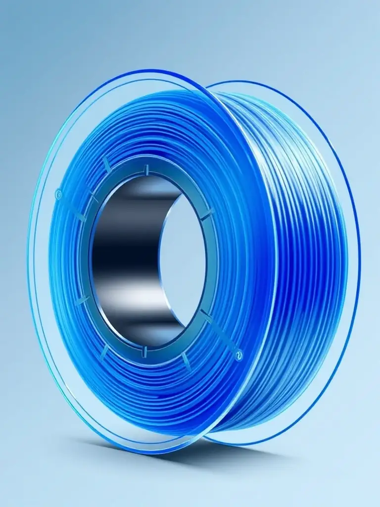 A translucent blue PETG filament spool, highlighting its clarity and flexibility, showcasing the versatility of SA 3D's premium filament options.